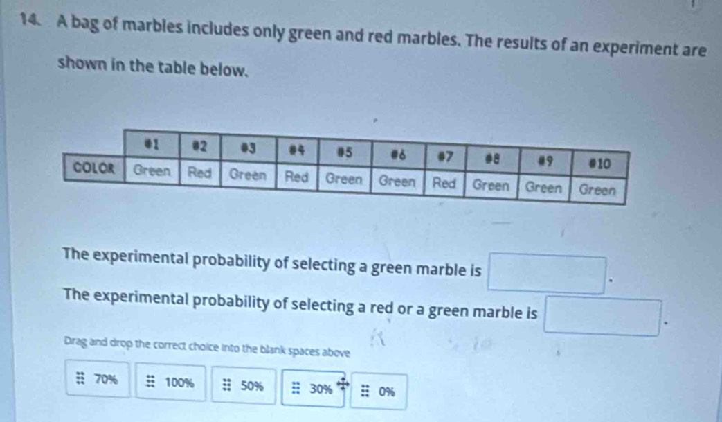 A bag of marbles includes only green and red marbles. The results of an experiment are
shown in the table below.
The experimental probability of selecting a green marble is □. 
The experimental probability of selecting a red or a green marble is □. 
Dirag and drop the correct choice into the blank spaces above
70% 100% 50% 30% :; 0%