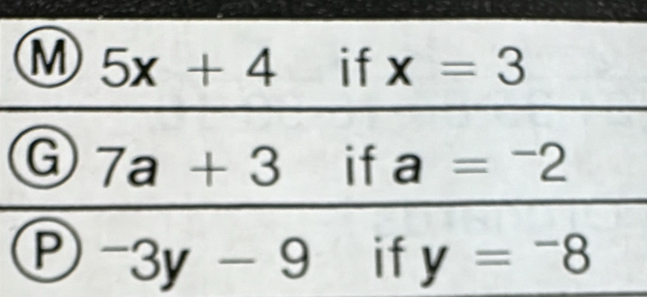 5x+4 if x=3
G 7a+3 if a=^-2
P^-3y-9 if y=-8