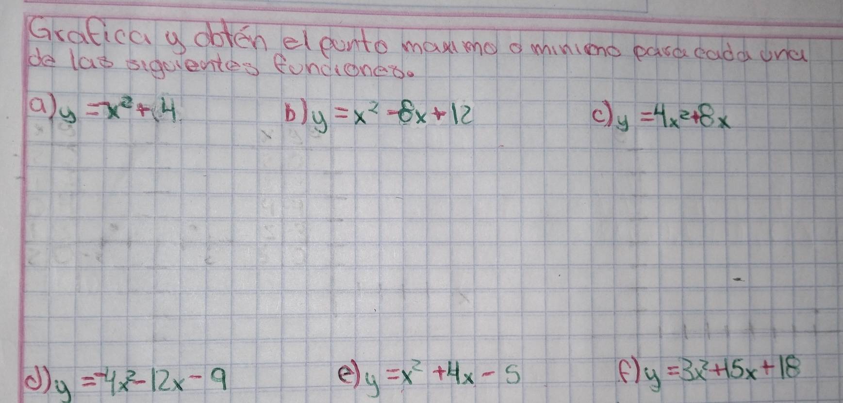 Gratica u obten elponto may mno o minieno easa cada ona 
de las sigeventes fondiones. 
a) y=x^2+4. b) y=x^2-8x+12 c) y=4x^2+8x
() y=-4x^2-12x-9
e) y=x^2+4x-5 y=3x^2+15x+18