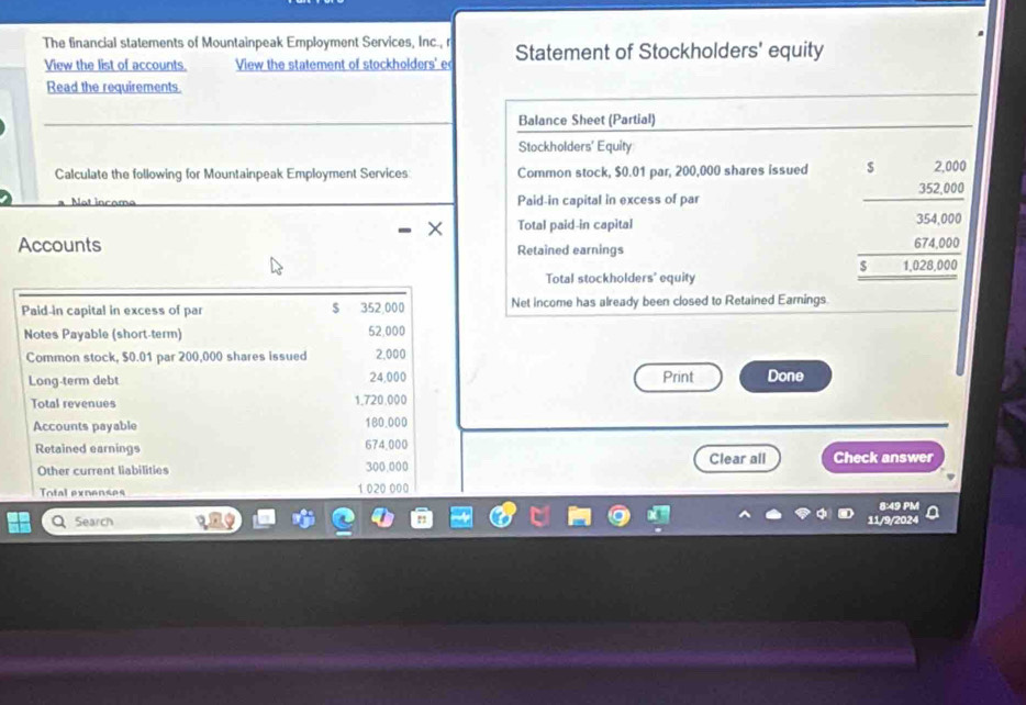 The financial statements of Mountainpeak Employment Services, Inc., r Statement of Stockholders' equity 
View the list of accounts. View the statement of stockholders' e 
Read the requirements. 
Balance Sheet (Partial) 
Stockholders' Equity 
Calculate the following for Mountainpeak Employment Services: Common stock, $0.01 par, 200,000 shares issued s 2,000
352,000
Paid-in capital in excess of par 
Total paid-in capital 354,000
Accounts Retained earnings 674,000
$ 
Total stockholders' equity 1,028,000
Paid-in capital in excess of par $ 352,000 Net income has already been closed to Retained Earnings 
Notes Payable (short-term) 52,000
Common stock, $0.01 par 200,000 shares issued 2,000
Long-term debt 24,000 Print Done 
Total revenues 1.720.000
Accounts payable 180.000
Retained earnings 674,000 Check answer 
Other current liabilities 300,000 Clear all 
Total exnenses 1 020 000
8:49 PM 
Search 11/9/2024