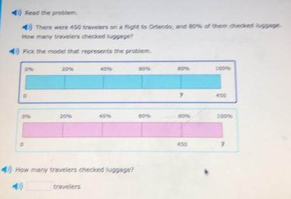 (1 Read the problem.
1) There were 450 travelers on a flight to Orlando, and 80% of them checked luggage.
How many travelers checked luggage?
(1) Pick the model that represents the problem.
0% 20% 60% 8% 190%
?
0% 20% 60% 80% 100%
M 
1) How many travelers checked luggage?
□  travelers