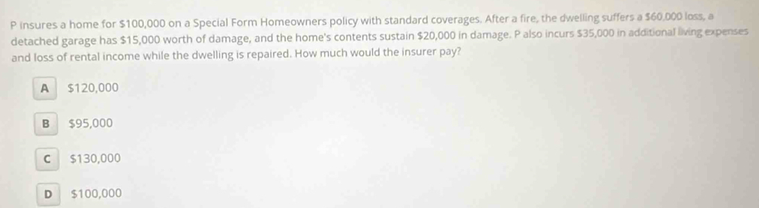 insures a home for $100,000 on a Special Form Homeowners policy with standard coverages. After a fire, the dwelling suffers a $60,000 loss, a
detached garage has $15,000 worth of damage, and the home's contents sustain $20,000 in damage. P also incurs $35,000 in additional living expenses
and loss of rental income while the dwelling is repaired. How much would the insurer pay?
A $120,000
B $95,000
C $130,000
D $100,000