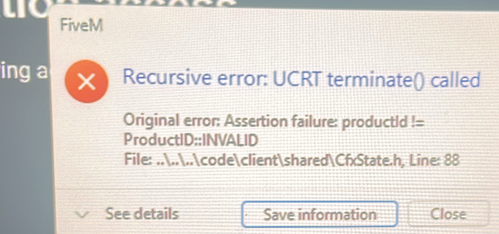 Solved: to FiveM ing a Recursive error: UCRT terminate() called ...