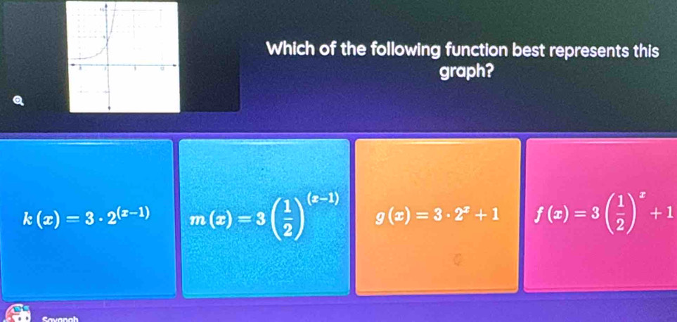 Which of the following function best represents this
graph?
k(x)=3· 2^((x-1)) m(x)=3( 1/2 )^(x-1) g(x)=3· 2^x+1 f(x)=3( 1/2 )^x+1
Savanah