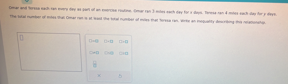 Omar and Teresa each ran every day as part of an exercise routine. Omar ran 3 miles each day for x days. Teresa ran 4 miles each day for y days.
The total number of miles that Omar ran is at least the total number of miles that Teresa ran. Write an inequality describing this relationship.
□ =□ □ □ >□
□ != □ □ ≤ □ □ ≥ □
 □ /□  
× 5