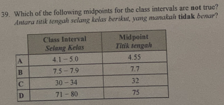 Which of the following midpoints for the class intervals are not true? 
Antara titik tengah selang kelas berikut, yang manakah tidak benar?