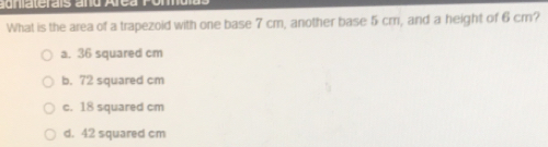 Solved: What is the area of a trapezoid with one base 7 cm, another ...