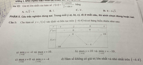 Tương 1. UnG Bụng bạo hAm để 
Tầu 12: Giá trị lớn nhất của hàm số f(x)= (1+cos 2x)/2+sin x  bāng
A. 4sqrt(2)-4. B. 1. C. 0 . D. 8-4sqrt(3).
PHAN II. Câu trắc nghiệm đúng sai. Trong mỗi ý a), b), c), d) ở mỗi cầu, thí sinh chọn đúng hoặc sai,
Câu I: Cho hàm số y=f(x) xác định và liên tục trên (-4:4) và có bảng biên thiên như sau:
a) limlimits _(-4.4)y=-4 và beginarrayr max (-4.4)endarray. y=10. b) maxy=10 và miny=-10.
c) m_3  x/9 y=0 và miny=-4 d) Hàm số không có giá trị lớn nhất và nhỏ nhất trên (-4:4).
(-4,4)