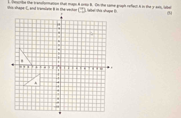 Describe the transformation that maps A onto B. On the same graph reflect A in the y axis, label
this shape C, and translate B in the vector (5)