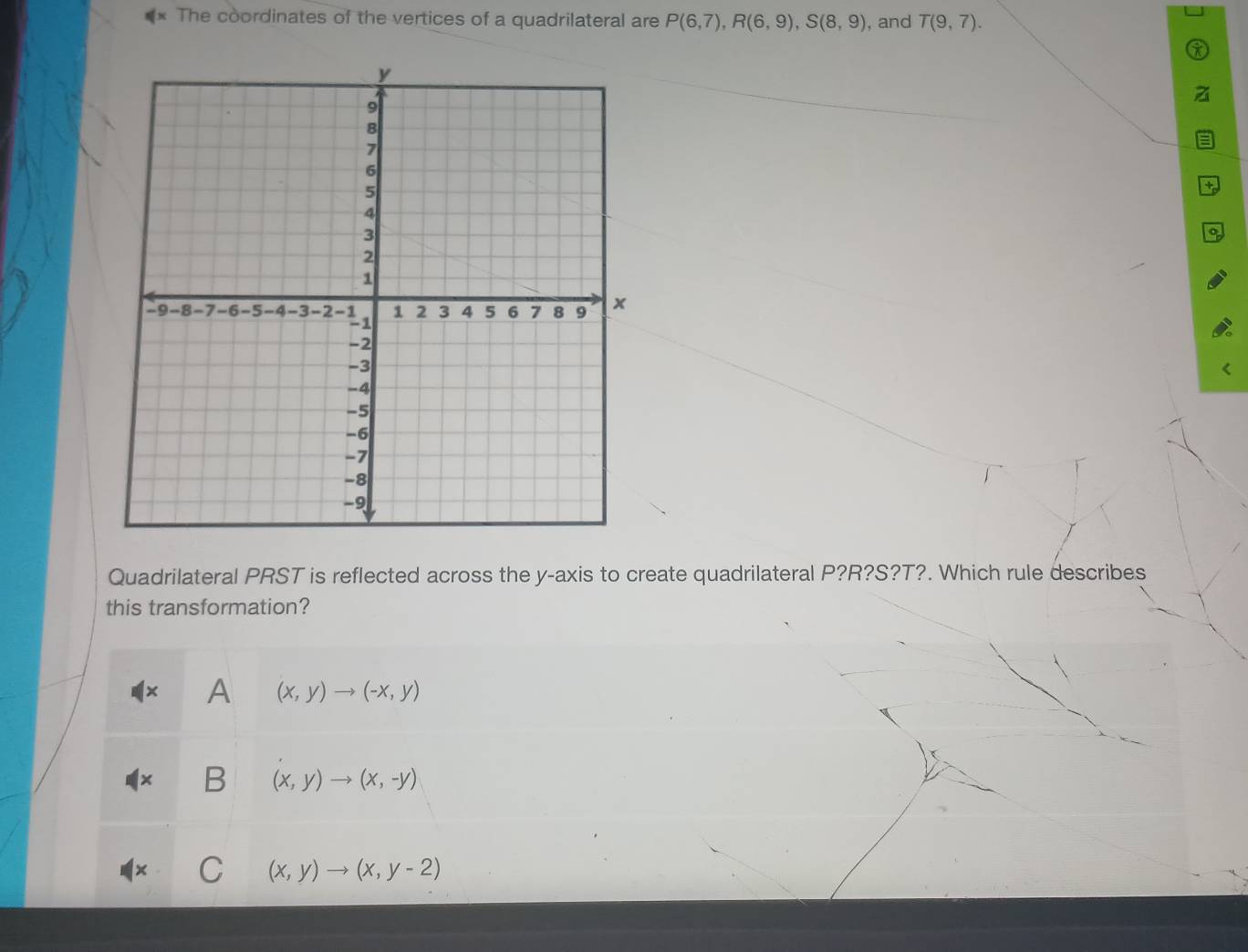 The coordinates of the vertices of a quadrilateral are P(6,7), R(6,9), S(8,9) , and T(9,7). 
。
Quadrilateral PRST is reflected across the y-axis to create quadrilateral P? R? S? T?. Which rule describes
this transformation?
A (x,y)to (-x,y)
B (x,y)to (x,-y)
(x,y)to (x,y-2)