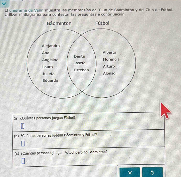 El diagrama de Venn muestra las membresías del Club de Bádminton y del Club de Fútbol. 
Utilizar el diagrama para contestar las preguntas a continuación. 
(a) ¿Cuántas personas juegan Fútbol? 
(b) ¿Cuántas personas juegan Bádminton y Fútbol? 
(c) ¿Cuántas personas juegan Fútbol pero no Bádminton? 
×