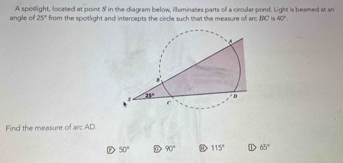 A spotlight, located at point S in the diagram below, illuminates parts of a circular pond. Light is beamed at an
angle of 25° from the spotlight and intercepts the circle such that the measure of arc BC is 40°.
Find the measure of arc AD.
D 50° C 90° H 115° ① 65°