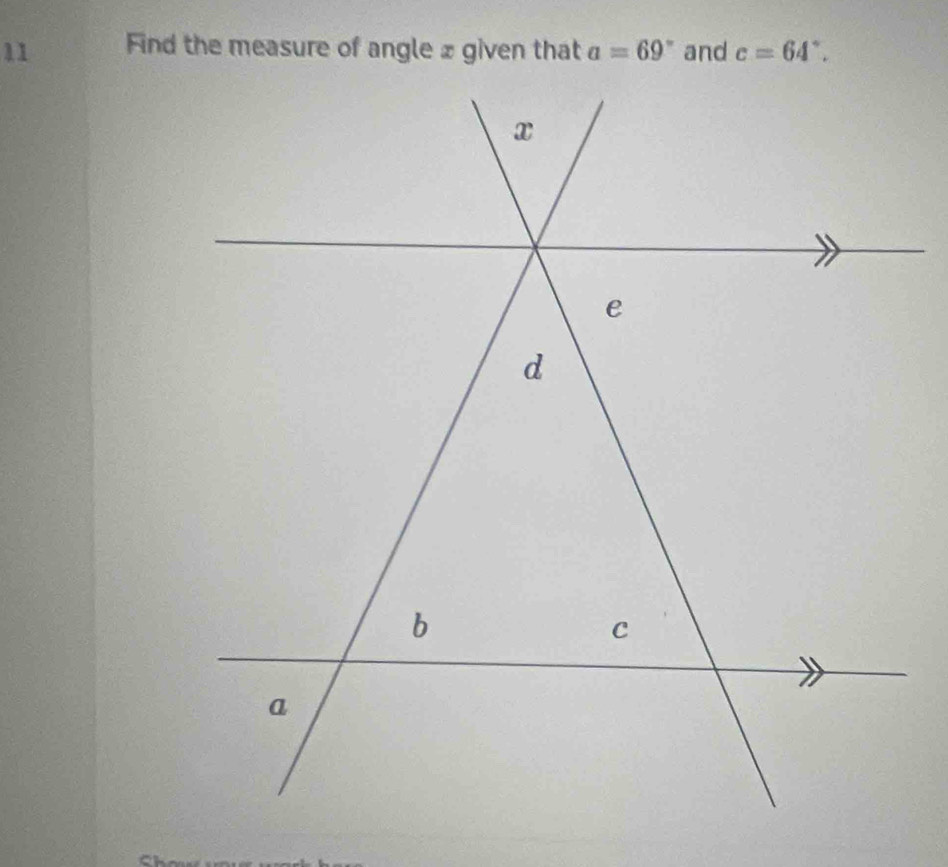 Find the measure of angle x given that a=69° and c=64°.