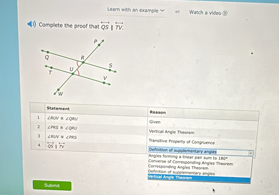 Learn with an example or Watch a video ⑥
Complete the proof that overleftrightarrow QSparallel overleftrightarrow TV. 
Statement Reason
1 ∠ RUV≌ ∠ QRU Given
2 ∠ PRS≌ ∠ QRU Vertical Angle Theorem
3 ∠ RUV≌ ∠ PRS Transitive Property of Congruence
4 overleftrightarrow QSparallel overleftrightarrow TV Definition of supplementary angles
Angles forming a linear pair sum to 180°
Converse of Corresponding Angles Theorem
Corresponding Angles Theorem
Definition of supplementary angles
Vertical Angle Theorem
Submit