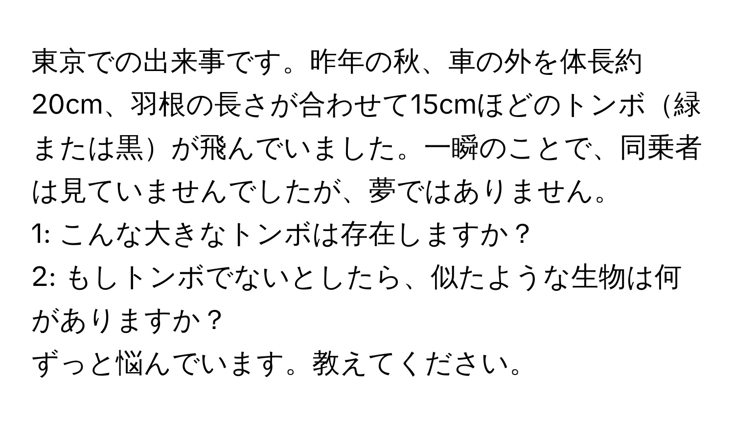 東京での出来事です。昨年の秋、車の外を体長約20cm、羽根の長さが合わせて15cmほどのトンボ緑または黒が飛んでいました。一瞬のことで、同乗者は見ていませんでしたが、夢ではありません。  
1: こんな大きなトンボは存在しますか？  
2: もしトンボでないとしたら、似たような生物は何がありますか？  
ずっと悩んでいます。教えてください。