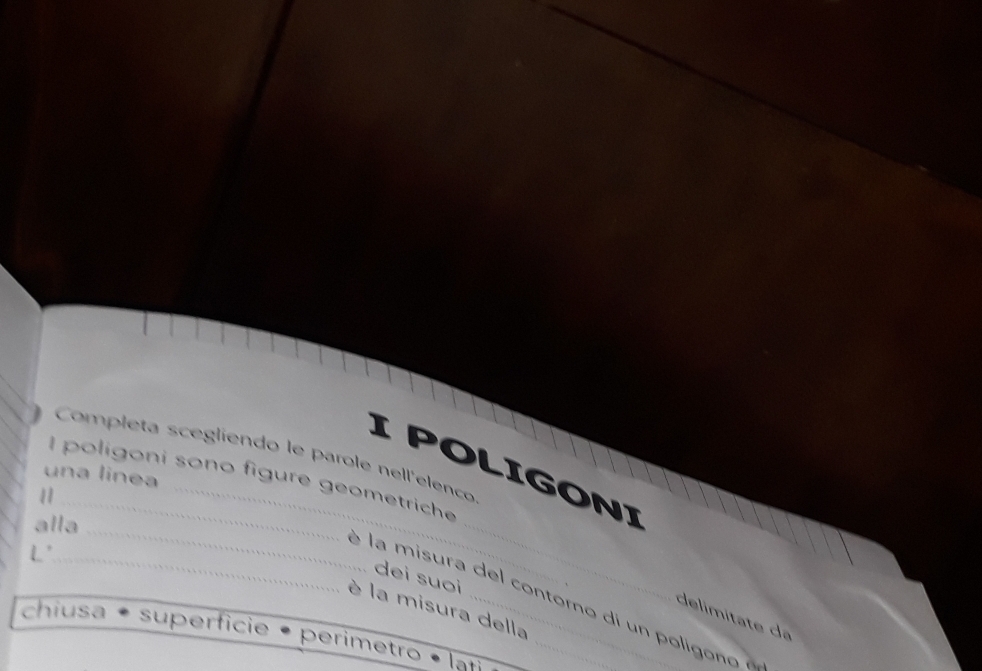 Completa scegliendo le parole nell'elenco
IPOLIGONI
una linea
I poligoni sono figure geometriche
11_
alla
L'_
_
dei suoi
_
_
la misura della
delimitate da
chiusa superficie perimetro
lat