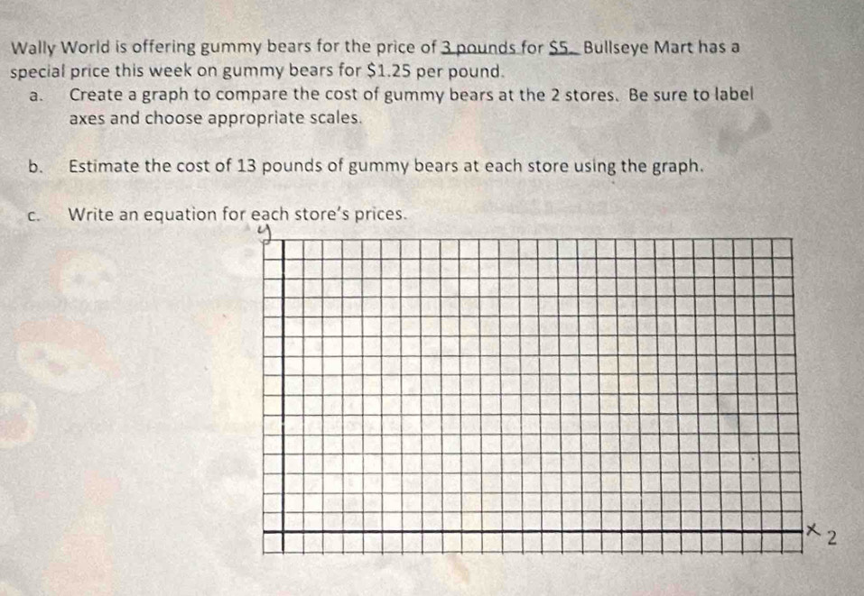 Wally World is offering gummy bears for the price of 3 pounds for $5. Bullseye Mart has a 
special price this week on gummy bears for $1.25 per pound. 
a. Create a graph to compare the cost of gummy bears at the 2 stores. Be sure to label 
axes and choose appropriate scales. 
b. Estimate the cost of 13 pounds of gummy bears at each store using the graph. 
c. Write an equation for each store’s prices.