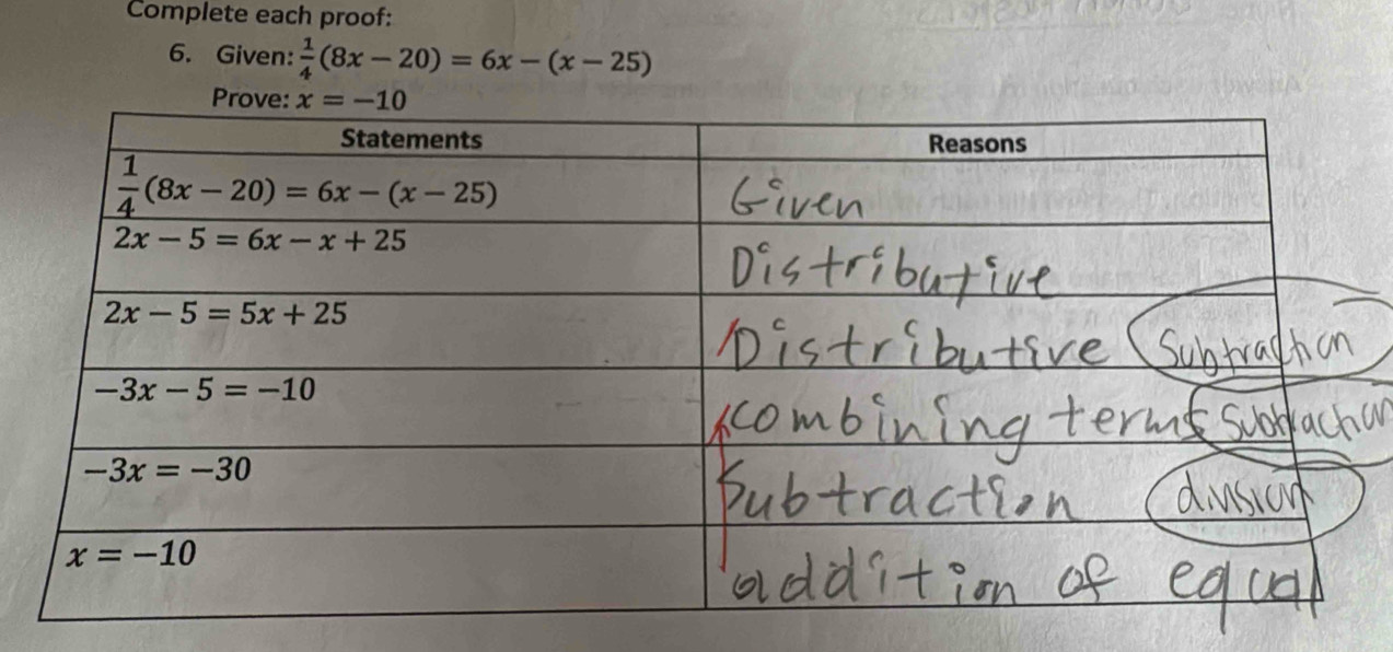 Complete each proof:
6. Given:  1/4 (8x-20)=6x-(x-25)
P