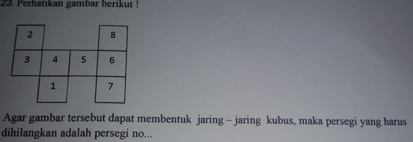 Perhatıkan gambar berikut ! 
Agar gambar tersebut dapat membentuk jaring - jaring kubus, maka persegi yang harus 
dihilangkan adalah persegi no...