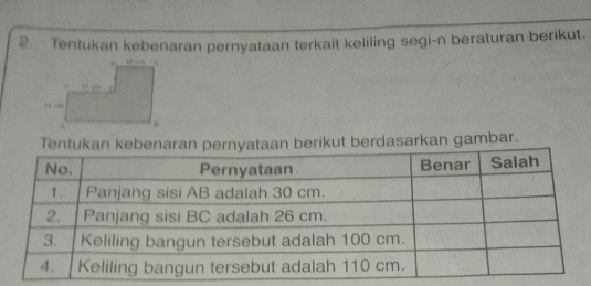 Tentukan kebenaran pernyataan terkait keliling segi-n beraturan berikut. 
Tentukan berikut berdasarkan gambar.