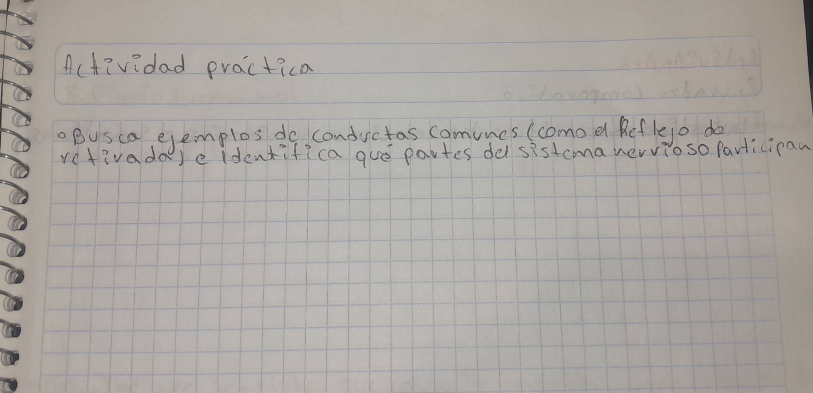 Actividad practica 
oBusca ejemplos de conductas comones (como dl Reflejo do 
rctivadal e identifica gue partes de sistcmanervioso farticipan