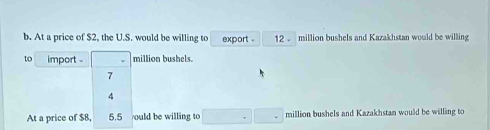 At a price of $2, the U.S. would be willing to export . 12 million bushels and Kazakhstan would be willing 
to import □  million bushels.
7
4
At a price of $8, 5.5 ould be willing to □ □ .□ million bushels and Kazakhstan would be willing to