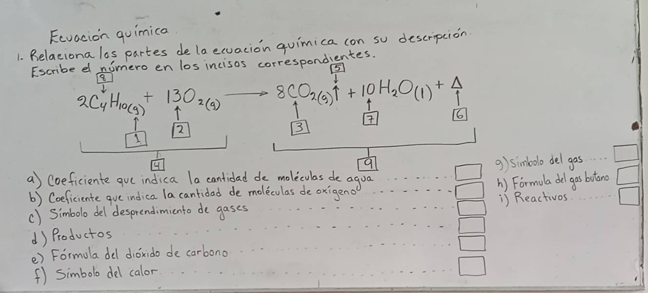 Eevacion quimica 
1. Relaciona los partes de la equacion quimica (on so descripcion 
Escribe dl nimero en los incisos correspondientes.
15
2C_4H_10(g)+13O_2(g) 8CO_2(g)uparrow +10H_2O_(l)+4
6
2
3
1
9 
a) Coeficiente que indica la cantidad de moleculas de agoa 9) simbolo del gas □ 
() Formala del gas botano □ 
6) Coeficiente que indica la cantidad de moleculas de oxigeno 
() Simbolo del desprendimiento de gases ) Reactivos □ 
d) Productos 
e) Formola del dioxido de carbono 
(f) Simbolo del calor