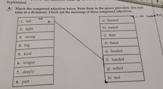 hyphenated. 
A) Match the compound adjectives below. Write them in the spaces provided. You may 
refer to a dictionary. Check out the meanings of these compound adjectives.