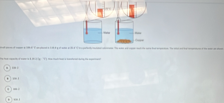 imall pisces of copper at 100.0°C are placed in 110.0 g of water at 35 nal temperature. The initial and final temperatures of the water are shown
The heat capacity of water is 4.18J/(g·^+C) How much heat is transfered during the experiment?
A) 220 J
0 ) 230 J
0 ) 460 J
D ) 020 J