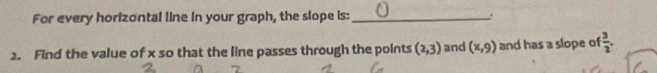 For every horizontal line in your graph, the slope is: _. 
2. Find the value of x so that the line passes through the points (2,3) and (x,9) and has a slope of  3/2 .