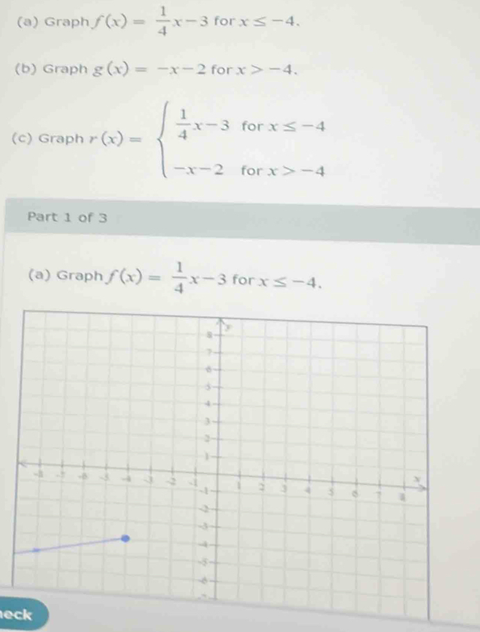 Graph f(x)= 1/4 x-3 for x≤ -4. 
(b) Graph g(x)=-x-2 for x>-4. 
(c) Graph r(x)=beginarrayl  1/4 x-3forx≤ -4 -x-2forx>-4endarray.
Part 1 of 3 
(a) Graph f(x)= 1/4 x-3 for x≤ -4. 
ec