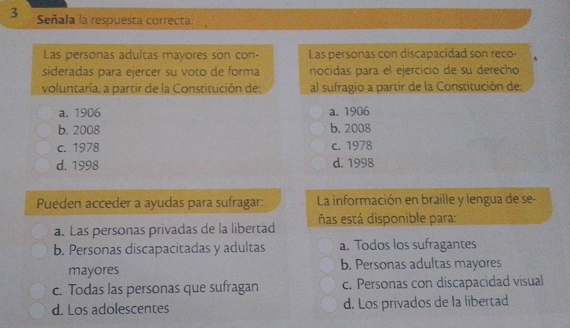 Señala la respuesta correcta.
Las personas adultas mayores son con- Las personas con discapacidad son reco-
sideradas para ejercer su voto de forma nocidas para el ejercicio de su derecho
voluntaria, a partir de la Constitución de: al sufragio a partir de la Constitución de:
a. 1906 a. 1906
b. 2008 b. 2008
c. 1978 c. 1978
d. 1998 d. 1998
Pueden acceder a ayudas para sufragar: La información en braille y lengua de se-
a. Las personas privadas de la libertad ñas está disponible para:
b. Personas discapacitadas y adultas a. Todos los sufragantes
mayores
b. Personas adultas mayores
c. Todas las personas que sufragan c. Personas con discapacidad visual
d. Los adolescentes d. Los privados de la libertad