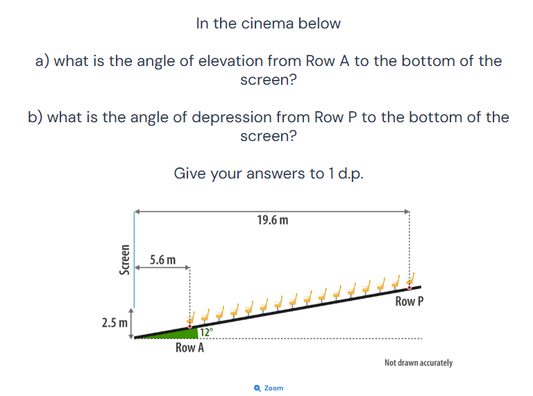 In the cinema below
a) what is the angle of elevation from Row A to the bottom of the
screen?
b) what is the angle of depression from Row P to the bottom of the
screen?
Give your answers to 1 d.p.
Zoom