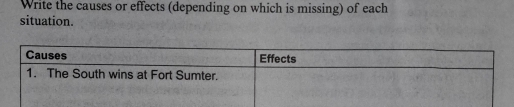 Write the causes or effects (depending on which is missing) of each 
situation.