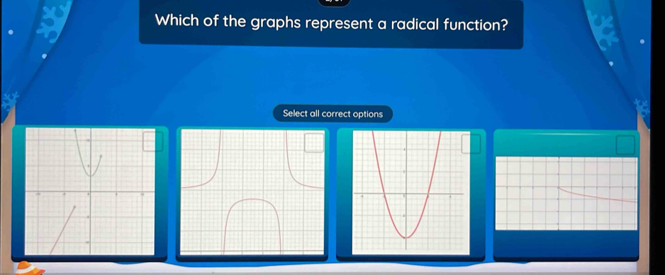 Which of the graphs represent a radical function? 
Select all correct options