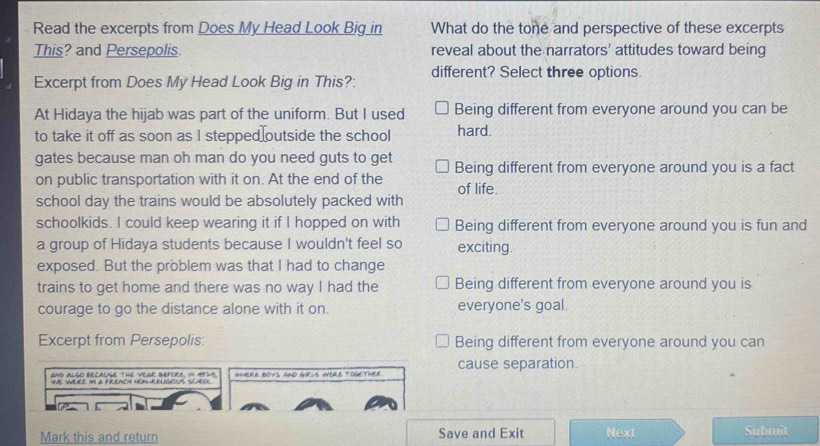 Solved: Read the excerpts from Does My Head Look Big in What do the ...