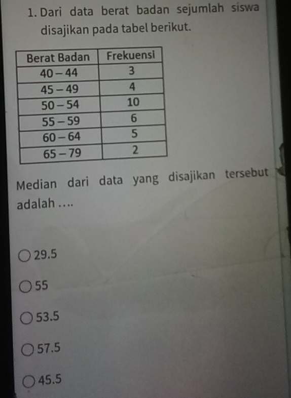 Dari data berat badan sejumlah siswa
disajikan pada tabel berikut.
Median dari data yang disajikan tersebut
adalah .. ..
29.5
55
53.5
57.5
45.5