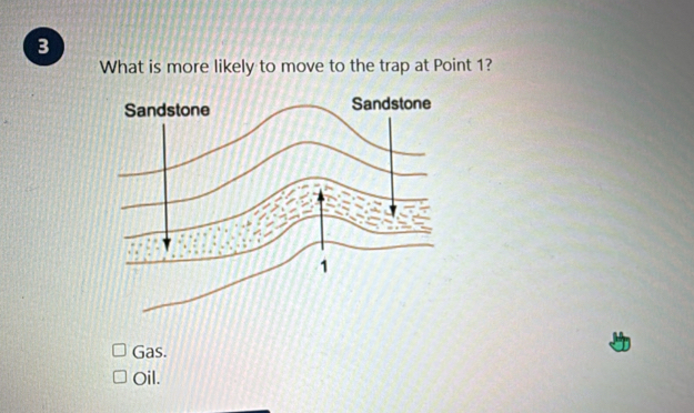 What is more likely to move to the trap at Point 1?
Gas.
Oil.