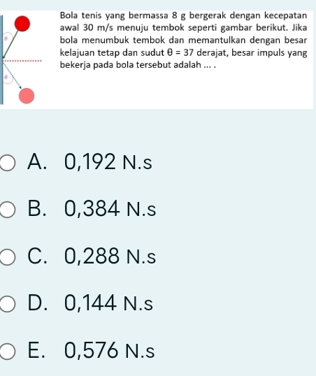 Bola tenis yang bermassa 8 g bergerak dengan kecepatan
awal 30 m/s menuju tembok seperti gambar berikut. Jika
bola menumbuk tembok dan memantulkan dengan besar
kelajuan tetap dan sudut θ =37 derajat, besar impuls yang
bekerja pada bola tersebut adalah ... .
θ
A. 0,192 N.s
B. 0,384 N.s
C. 0,288 N.s
D. 0,144 N.s
E. 0,576 N.s