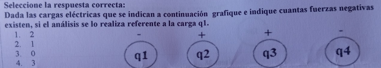 Seleccione la respuesta correcta:
Dada las cargas eléctricas que se indican a continuación grafique e indique cuantas fuerzas negativas
existen, si el análisis se lo realiza referente a la carga q1.
1. 2 +
+
-
2. 1
3. 0
q1
q2
q3
q4
4. 3