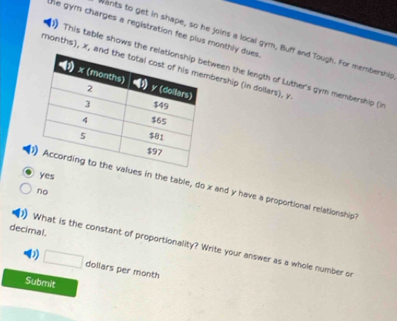 the gym charges a registration fee plus monthly dues .
Wants to get in shape, so he joins a local gym, Buff and Tough. For membership
months), x, anbership (in dollars), y
This table shows the reween the length of Luther's gym membership (i
yes
alues in the table, do x and y have a proportional relationship
no
decimal.
What is the constant of proportionality? Write your answer as a whole number or
) □ dollars per month
Submit
