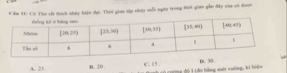 Cô Thu rắt thích nhảy hiện đại. Thời gian tập nhảy mỗi ngày trong thời gian gần đây của cô được
D. 30 .
A. 25 . B. 20 C. 15.
nh có cường độ I (đo bằng mét vuống, kí hiệu