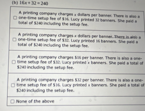 16x+32=240
a 
e- 
of 
e- 
of