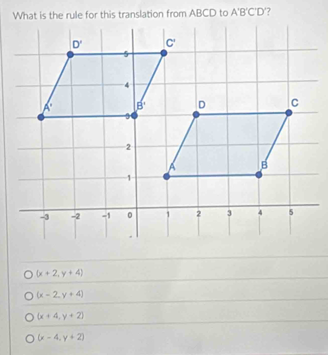 A'B'C'D' ?
(x+2,y+4)
(x-2,y+4)
(x+4,y+2)
(x-4,y+2)