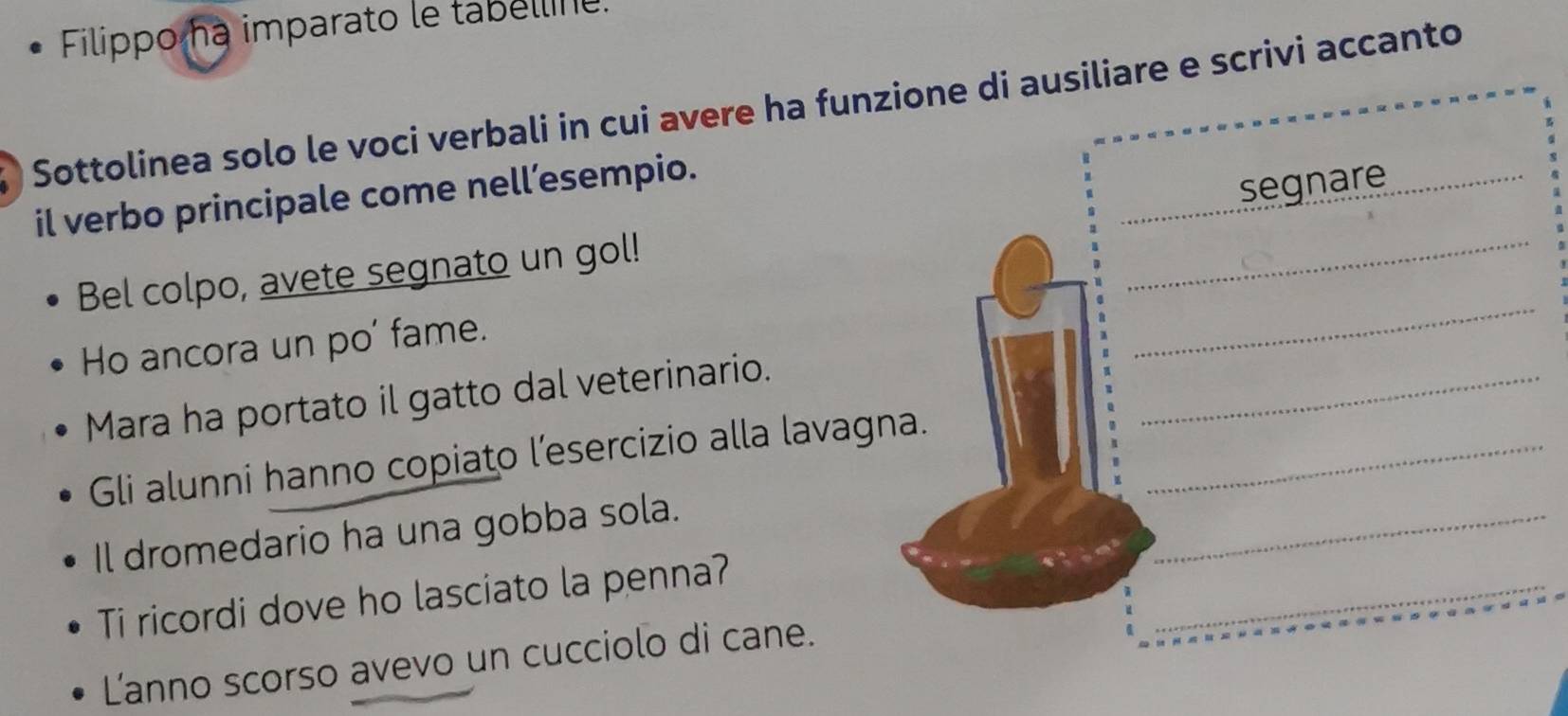 Filippo ha imparato le tabelline. 
Sottolinea solo le voci verbali in cui avere ha funzione di ausiliare e scrivi accanto 
il verbo principale come nell’esempio. 
_ 
Bel colpo, avete segnato un gol! _segnare 
Ho ancora un po' fame. 
Mara ha portato il gatto dal veterinario. 
_ 
Gli alunni hanno copiato l’esercizio alla lavagna._ 
Il dromedario ha una gobba sola. 
_ 
Ti ricordi dove ho lasciato la penna? 
_ 
Lanno scorso avevo un cucciolo di cane.