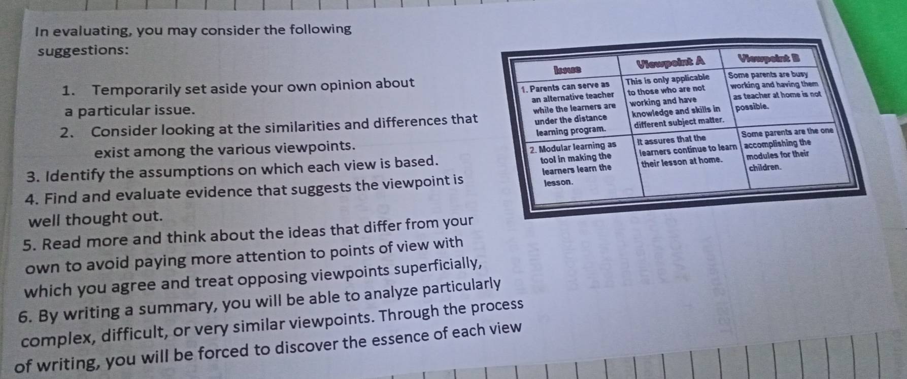 In evaluating, you may consider the following 
suggestions: 
1. Temporarily set aside your own opinion about 
a particular issue. 
2. Consider looking at the similarities and differences that 
exist among the various viewpoints. 
3. Identify the assumptions on which each view is based. 
4. Find and evaluate evidence that suggests the viewpoint is 
well thought out. 
5. Read more and think about the ideas that differ from your 
own to avoid paying more attention to points of view with 
which you agree and treat opposing viewpoints superficially, 
6. By writing a summary, you will be able to analyze particularly 
complex, difficult, or very similar viewpoints. Through the process 
of writing, you will be forced to discover the essence of each view