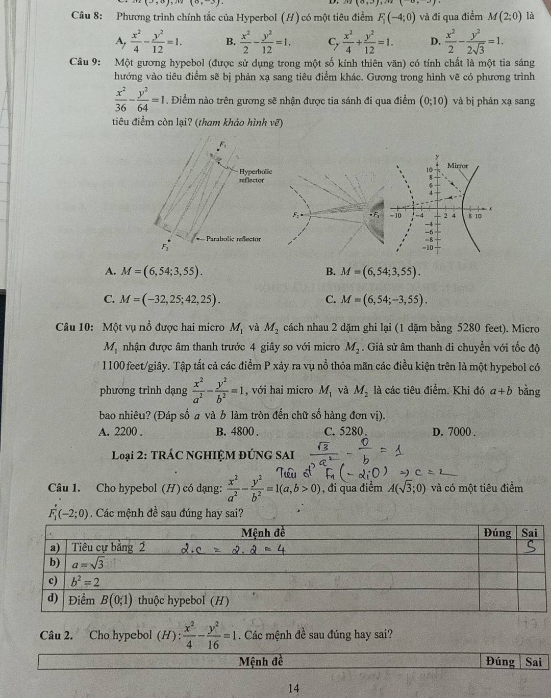 (0,-3)
2(0,0),12(0,0)
Câu 8: Phương trình chính tắc của Hyperbol (H) có một tiêu điểm F_1(-4;0) và đi qua điểm M(2;0) là
A  x^2/4 - y^2/12 =1. B.  x^2/2 - y^2/12 =1. C,  x^2/4 + y^2/12 =1. D.  x^2/2 - y^2/2sqrt(3) =1.
Câu 9: Một gương hypebol (được sử dụng trong một số kính thiên văn) có tính chất là một tia sáng
hướng vào tiêu điểm sẽ bị phản xạ sang tiêu điểm khác. Gương trong hình vẽ có phương trình
 x^2/36 - y^2/64 =1. Điểm nào trên gương sẽ nhận được tia sánh đi qua điểm (0;10) và bị phản xạ sang
tiêu điểm còn lại? (tham khảo hình vẽ)
 
F
A. M=(6,54;3,55). B. M=(6,54;3,55).
C. M=(-32,25;42,25). C. M=(6,54;-3,55).
Câu 10: Một vụ nổ được hai micro M_1 và M_2 cách nhau 2 dặm ghi lại (1 dặm bằng 5280 feet). Micro
M_1 nhận được âm thanh trước 4 giây so với micro M_2. Giả sử âm thanh di chuyển với tốc độ
1100 feet/giây. Tập tất cả các điểm P xảy ra vụ nổ thỏa mãn các điều kiện trên là một hypebol có
phương trình dạng  x^2/a^2 - y^2/b^2 =1 , với hai micro M_1 và M_2 là các tiêu điểm. Khi đó a+b bằng
bao nhiêu? (Đáp số a và b làm tròn đến chữ số hàng đơn vị).
A. 2200 . B. 4800 . C. 5280 . D. 7000 .
Loại 2: TRÁC NGHIỆM ĐÚNG SAI
Câu 1. Cho hypebol (H) có dạng:  x^2/a^2 - y^2/b^2 =1(a,b>0) , đi qua điểm A(sqrt(3);0) và có một tiêu điểm
F_1(-2;0). Các mệnh đề sau đúng hay sai?
Câu 2. Cho hypebol (H) : x^2/4 - y^2/16 =1. Các mệnh đề sau đúng hay sai?
,
Mệnh đề Đúng  Sai
14