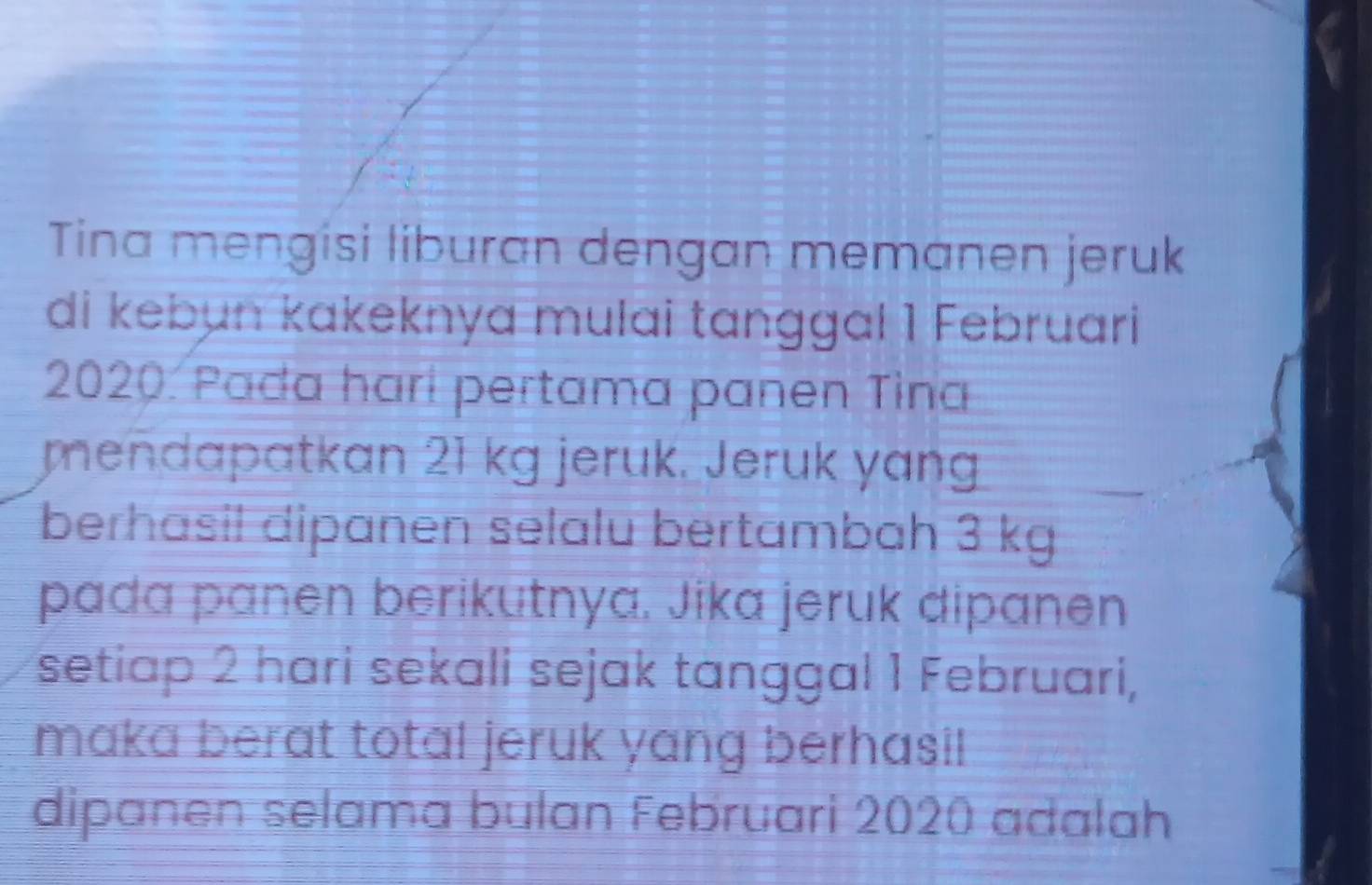 Tina mengisi liburan dengan memanen jeruk 
di kebun kakeknya mulai tanggal 1 Februari 
2020. Pada hari pertama panen Tina 
mendapatkan 21 kg jeruk. Jeruk yang 
berhasil dipanen selalu bertambah 3 kg
pada panen berikutnya. Jika jeruk dipanen 
setiap 2 hari sekali sejak tanggal 1 Februari, 
maka berat total jeruk yang berhasi! 
dipanen selama bulan Februari 2020 adalah