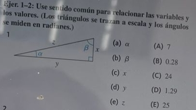 Ejer. 1-2: Use sentido común para relacionar las variables y
los valores. (Los triángulos se trazan a escala y los ángulos
se miden en radianes.)
(a) α (A) 7
(b) β (B) 0.28
(c) x (C) 24
(d) y (D) 1.29
(e) z (E) 25