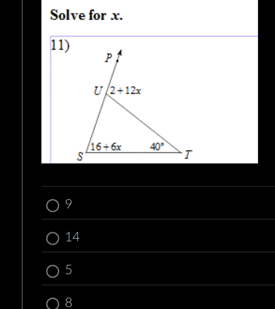 Solve for x.
11)
_
9
_
_
__
14
__
5
_
_
8